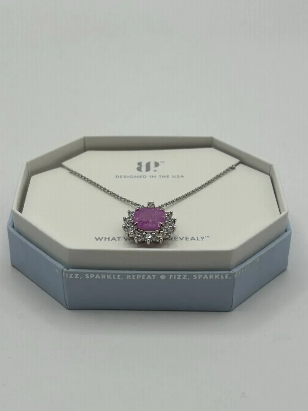 Bomb Party Necklace Pink Purple Cushion Cut Halo Silver Tone New Surprise Reveal
